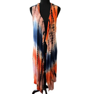 Coin 1804 Orange and Blue Tie Dyed Colorful Hooded Duster, Size M